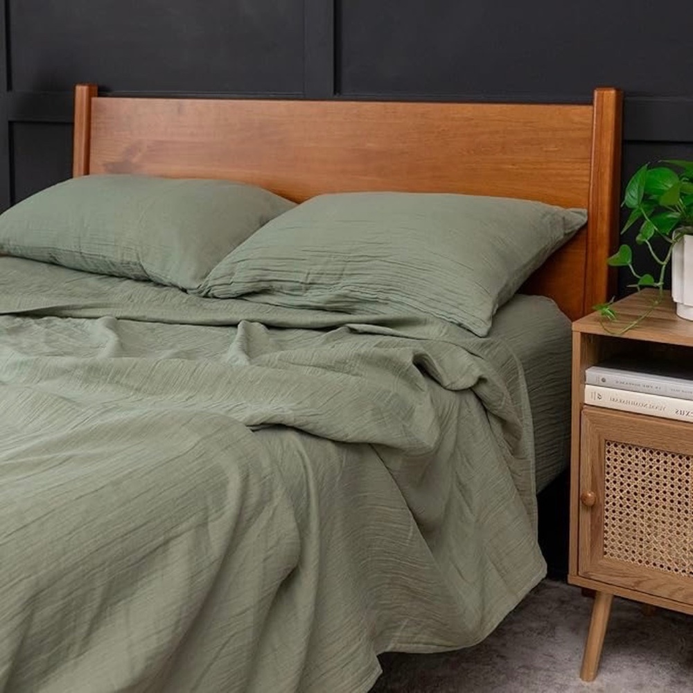 NWT Crane Home Zen Crinkled Cotton Gauze 4-Piece King Size Sheet Set in Matcha
